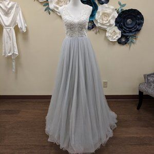 Beaded and Lace Applique and Blue Tulle Wedding Gown Bridal Dress  Sample Size 8